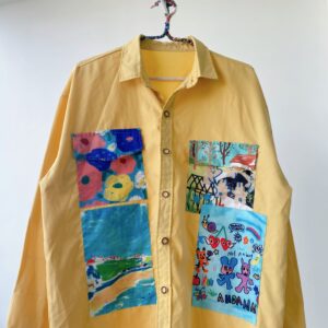 Upcycled Yellow artwork patwork shirt // Áo sơ mi vàng đắp vải hoạ tiết đa sắc